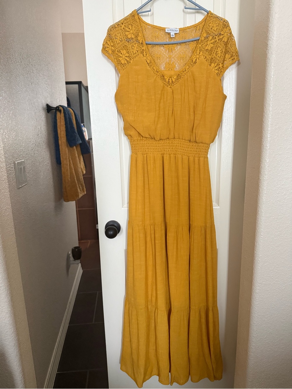 Luxology Mustard Crochet Cap-Sleeve Maxi Dress